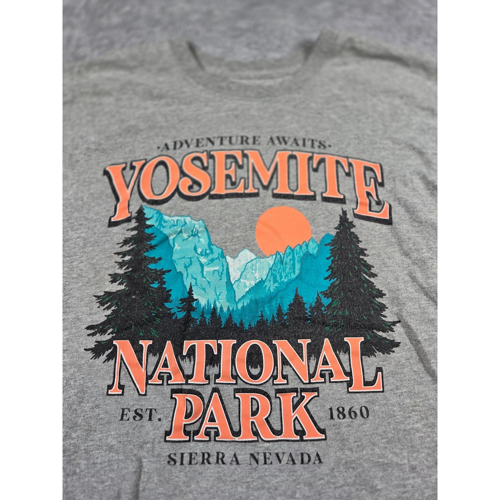 Yosemite National Park Sierra Nevada Graphic T-Shirt Mens Gray Adventure Awaits