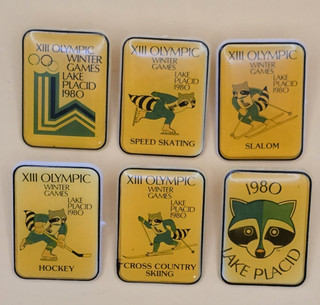 1980 USA Olympic Pin Set incl Hockey Roni Racoon Mascot Lake Placid Set of 6