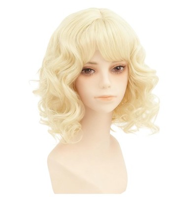 Short Blond Curly Wig for Women with Bangs Shoulder Length Wig Curly Natural ...