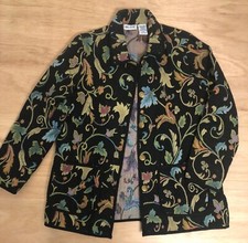 vtg BLAIR Black Floral Tapestry Jacket Sz M Pockets Brass Buttons EUC