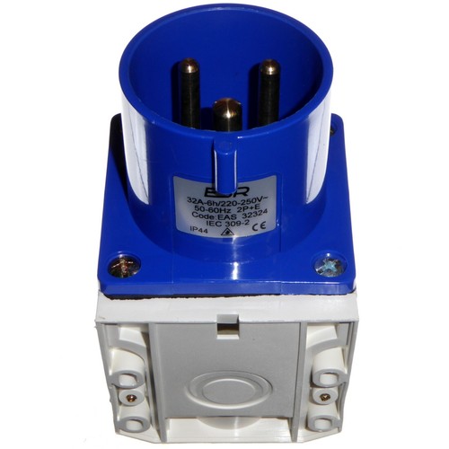 32 Amp Appliance Inlet 3 Pin 230V Blue IP44 Surface Mount Plug 32 A 2P+E - Picture 6 of 7