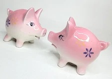 Pretty Pink Pig w/ Purple Petals Salt & Pepper Shaker Pair Purple Yellow Flowers