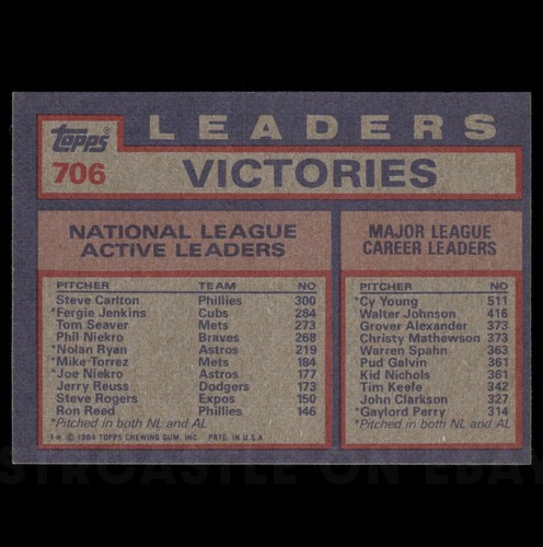 1984 Topps - #706 Career Wins Leaders Steve Carlton, Tom Seaver, Fergie Jenkins - Picture 2 of 3