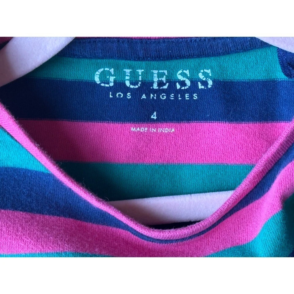 De Colección Guess Niños Vestido a Rayas Informal Bordado Logo Rosa Verde Azul Talla 4 Y2K Foto 4 de 4