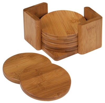 Bamboo Round 6-Coaster Set with Holder Round 3 3/4