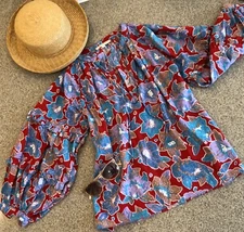 LOVE THE LABEL Red/Blue Floral Balloon Sleeve Relaxed Boho Blouse Beaded Ties XS