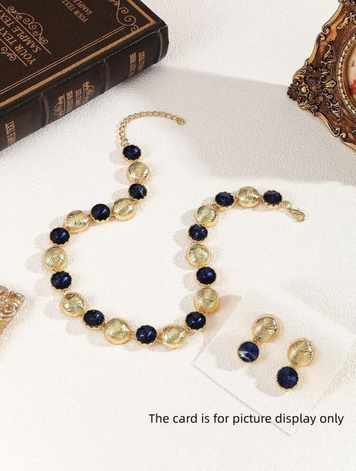 Orecchini e collana vintage modello onda rotonda cristallo blu navy set gioielli foto 2