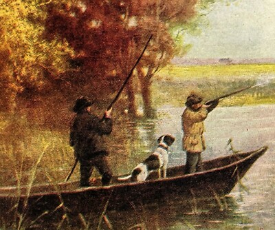 1908 Melvin, MI Postcard Antique Hunting Pond Birddog Bird Dog Boat Gun Shooting