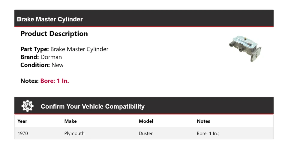 Cilindro maestro de freno Plymouth Duster Dorman 1970 Foto 2 de 4