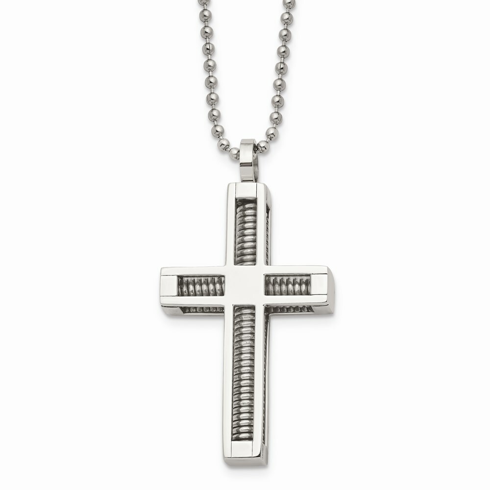 Stainless Steel Polished Cross Pendant 24in Necklace