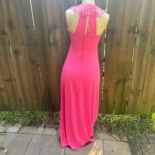 Vintage 60s BRIGHT PINK Empire MAXI Dress Ruffle Neck sz S 4 - Picture 4 of 8