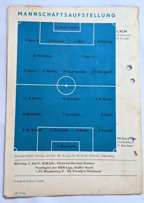Programme Original 1. FC Magdeburg Vs FC Carl Zeiss Jena – Oberliga RDA 73/74
