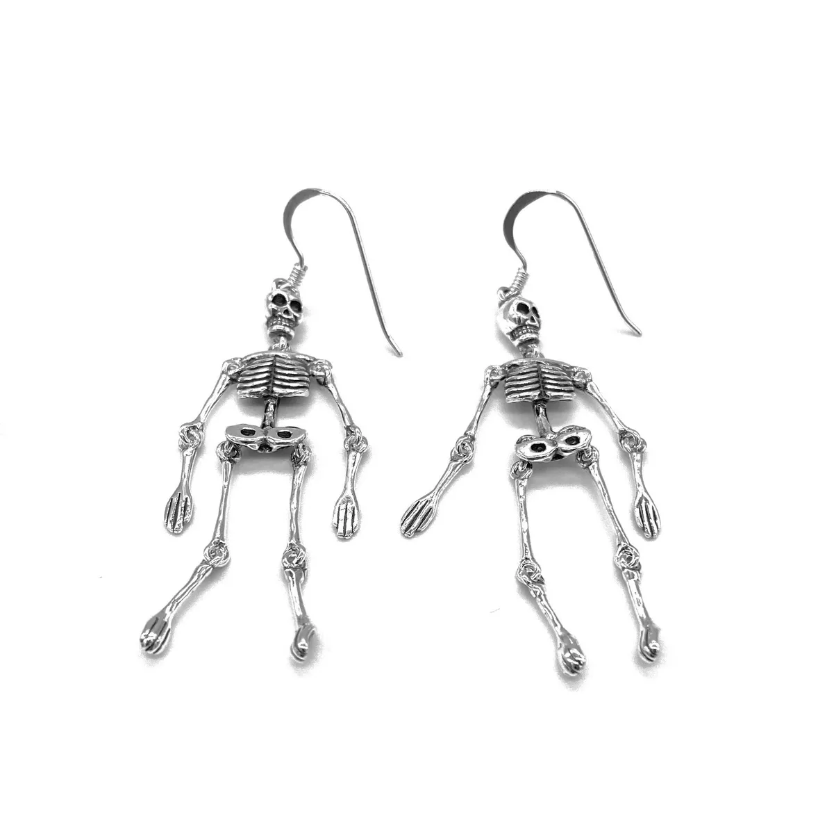 Gothic Skeleton Drop Dangle Earrings 925 Sterling Silver Movable Body Arms Legs