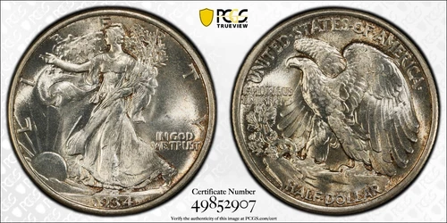 1934 WALKING LIBERTY HALF DOLLAR PCGS MS63 LUSTROUS WHITE WITH EXCELLENT BOOMING