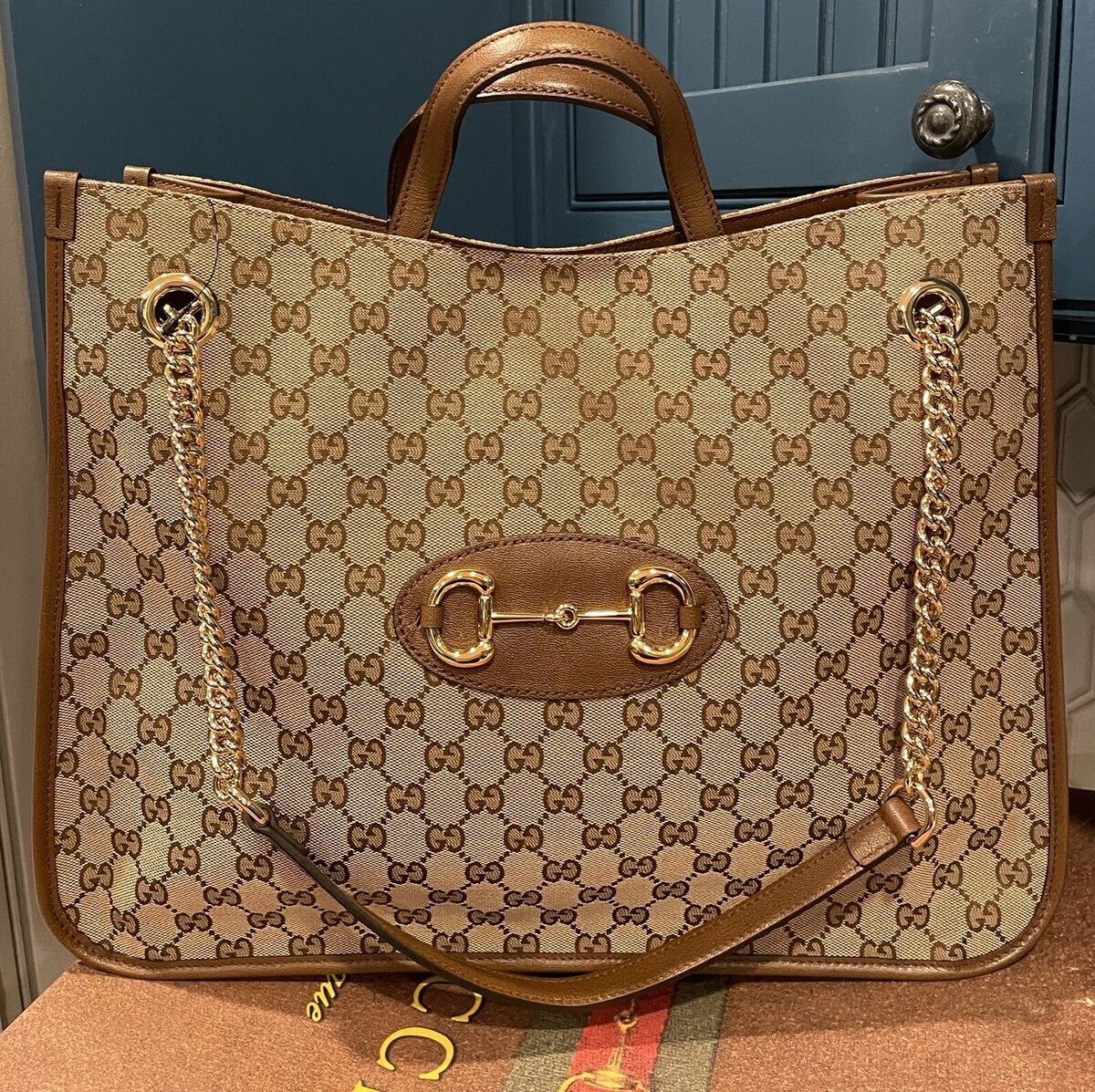 Gucci Horsebit 1955 Chain Tote GG Canvas Medium Brown Gucci Horsebit 1955 Chain Tote GG Canvas Medium Brown