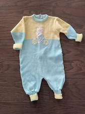 Bonjour VTG Green Yellow Teddy Bear Bike Romper Baby Sz 6/9 Mrha 100 Acrylic