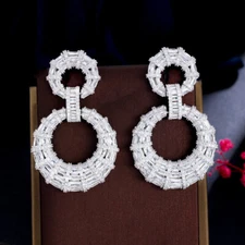 Heavy Work Silver Plated Bridal Cubic Zirconia Round Dangle Wedding CZ Jewelry