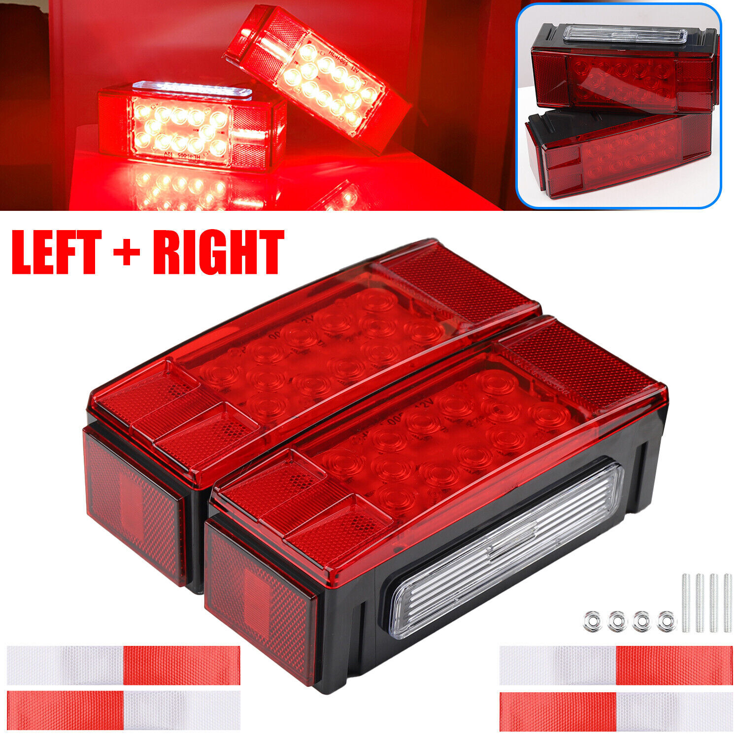 Upgraded LED Submersible Trailer Boat Rectangle Stud Stop Turn Tail Lights Kit