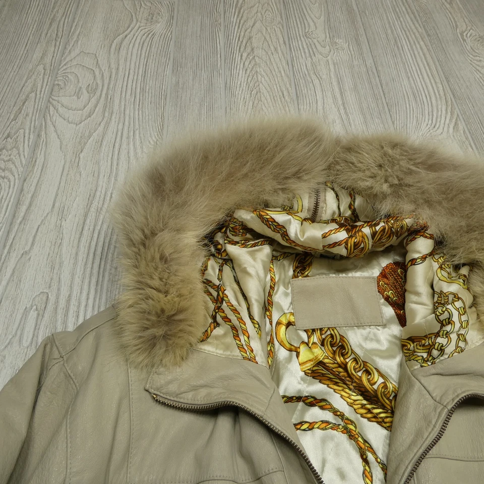 Abrigo de cuero Jacqueline Ferrar para mujer mediano largo cremallera completa capucha ribete de piel de coyote Foto 4 de 4