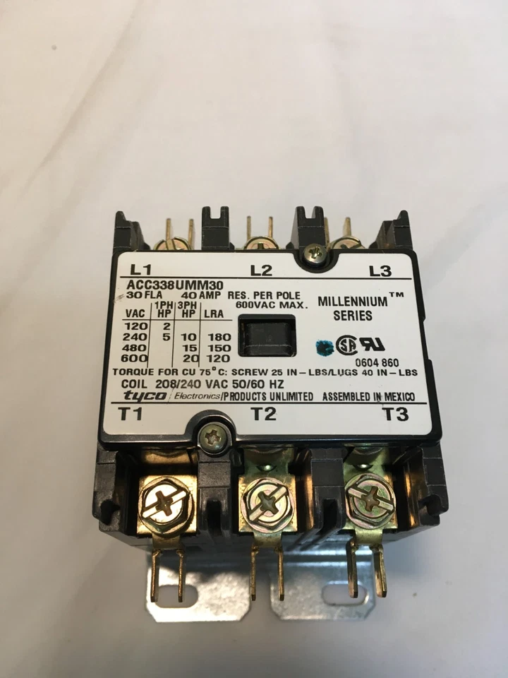 Arrow Hart / Tyco ACC338UMM30 30A 600V Definite Purpose Mag. Contactor 208V Coil - Image 3 of 4