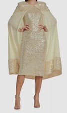 595 Badgley Mischka Women's Ivory Sequin Stretch Georgette Cape Dress Size 8