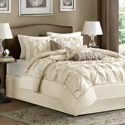 QUALITY BEAUTIFUL MODERN CHIC IVORY WHITE TAUPE RUFFLED TUFTED ~ PINTUCK COMFORTER SET