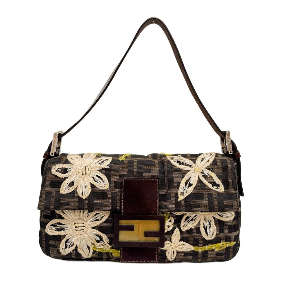 FENDI Baguette Embroidered Flowers Brown Zucca Canvas Shoulder Bag