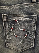 Size S (UK8) HORSE Motive Blue Denim Jeans High Waist Wide With Stretch