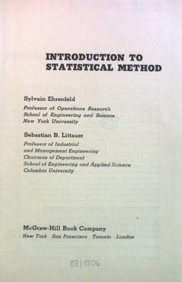 Introduction to Statistical Method. Ehrenfeld, Sylvain and Sebastian B. Littauer