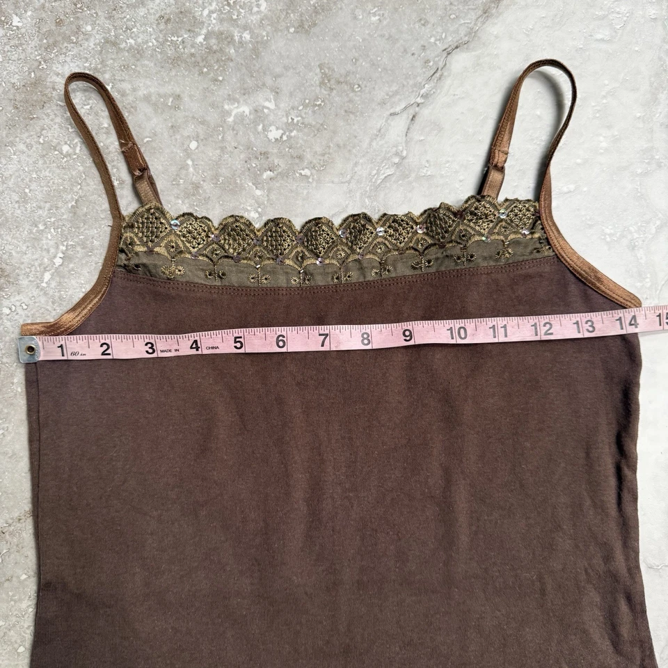 Jason Maxwell Brown 100% Cotton Tank Top Sequin Lace Trim Size Small  - Image 4 of 4