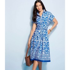 Talbots Petite Blue White Damask Floral Cotton Shirt Dress 4P New With Tags
