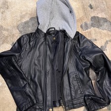 Forever 21 Women's Leather Jacket Hooded Motorcycle Biker Black S NWOT