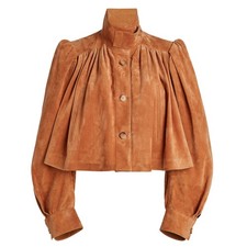Women Real Suede Leather Cropped Jacket Tan Camel Balloon Sleeve Boho