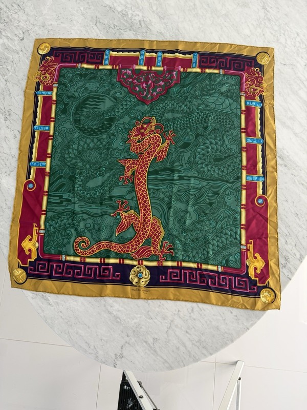 Vintage Must de Cartier Paris Dragon Silk Scarf Green Red Gold Asian Motif 34”