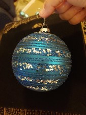 Silver Glitter Blue Glass Ball Striped Christmas Ornament 4 Inches