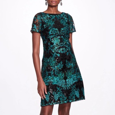 Marchesa Notte Black Turquoise Green Floral Short Sleeve Cocktail Dress  Size 8 | eBay
