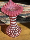 Fenton Pink White Polka Dot Opalescent Glass Hand Blown Ruffled Edge Vase