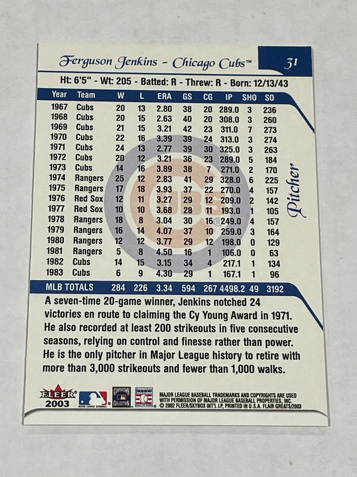2003 Flair Greats Baseball #31 - Ferguson Jenkins - Chicago Cubs - Image 2 of 2