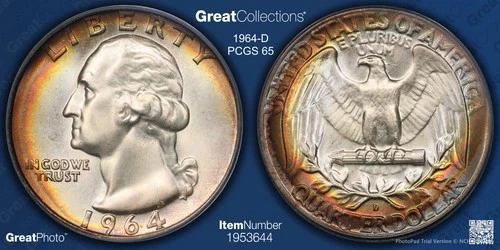 1964-D Washington Quarter graded PCGS MS65...Beautiful TONE & Eye Appeal !!