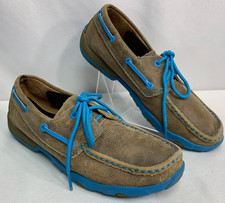 Womens Twisted X Boat Shoes Driving Moccasins Brown Leather and Blue Size 7 M