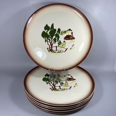 Vintage Brock California Stoneware Harvest Dinner Plates 10 in ~ Rooster Design!