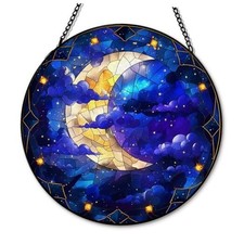 Moon Suncatcher Stained Glass Window Hanging, Blue Celestial Moon Star