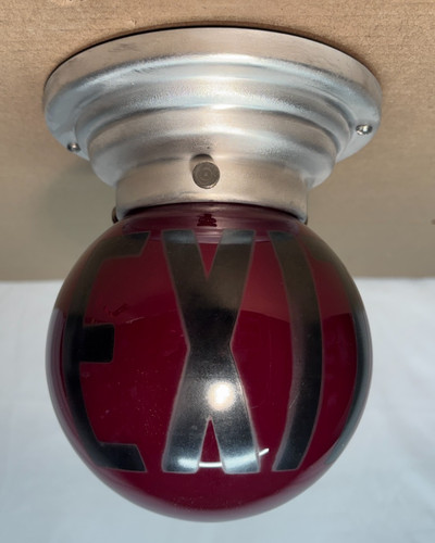 Exit Glass Shade Vtg Ceiling Light Cast Fixture Art Glass Globe Ruby USA #N14