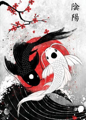 KOI YIN YANG JAPANISCHE KUNST GERAHMTE LEINWAND ABSTRAKT WANDKUNST DEKOR 20 X 30 ZOLL