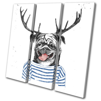 Hipster Urban Hund Mops Hirsch Reh Vintage DISKANT LEINWANDBILD WANDBILD Bild Druck