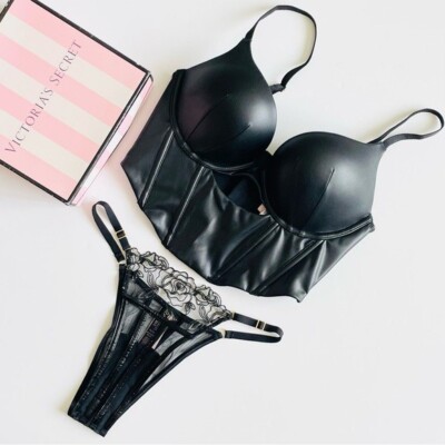 32C XS Victoria's Secret black faux leather pushup bra set brazilian