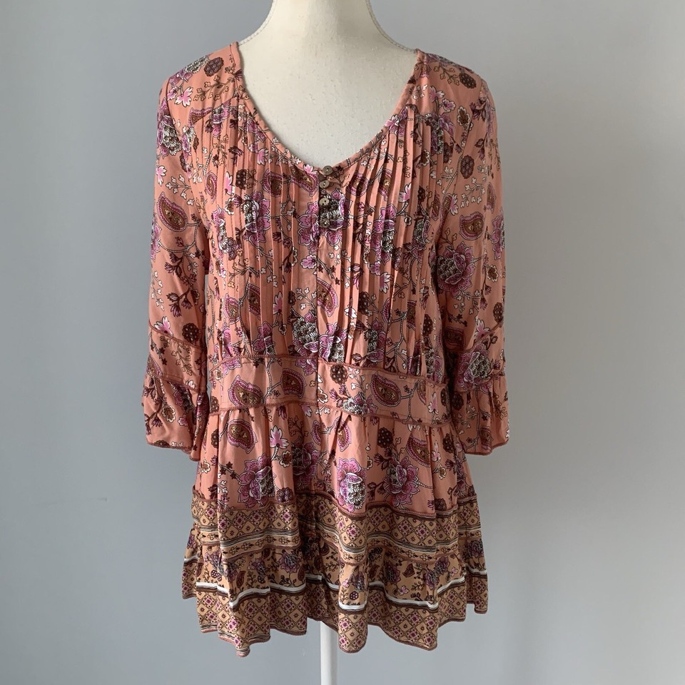 Silver Wishes Women's Top Size 10 - pink floral print boho blouse