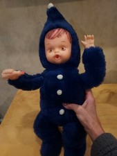 Rare Vintage Royal Blue Faux Fur Pixie Baby Plush Toy Doll With Bottle 