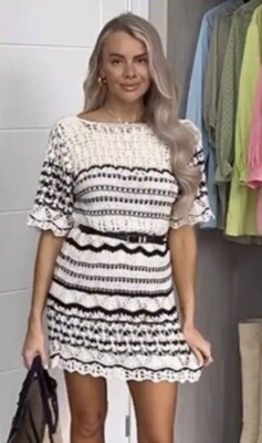 ZARA SS23 CROCHET KNIT MINI DRESS RUFFLED BLACK/WHITE SIZE XS 2308