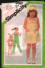 9989 Vintage Simplicity Sewing Pattern Girls Jumpsuit Romper Sundress Hat Spring